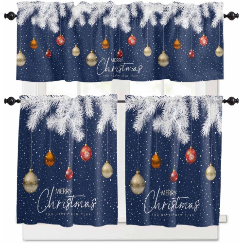Blue Christmas Kitchen Curtains Set with White Pine and