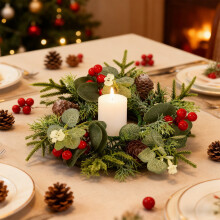 Christmas Candle Ring Flocked Pine with Red Berries and