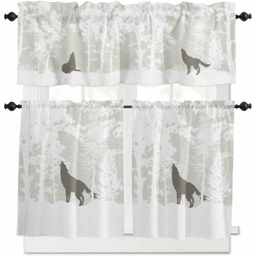 Forest Wolf Kitchen Curtains Set White Pine Tree Grey