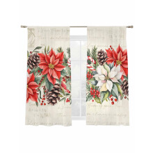 Red White Floral Sheer Curtains 52x63 Inch Pine Cone