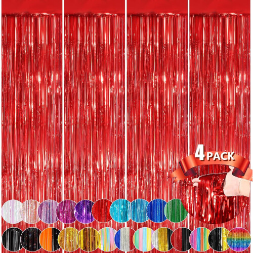 Red Metallic Tinsel Foil Fringe Curtains 4-Pack 3.3x8.3 Ft