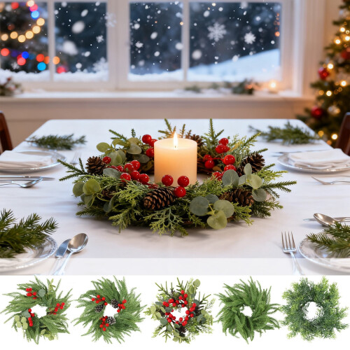 Christmas Candle Ring Flocked Pine with Red Berries and
