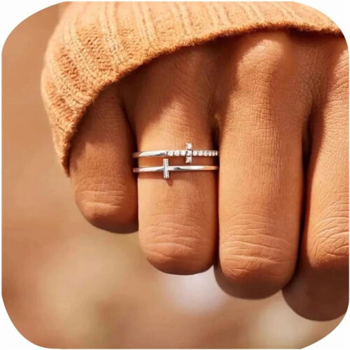 Double Cross Ring 18K Gold Plated CZ Stackable Faith Hope