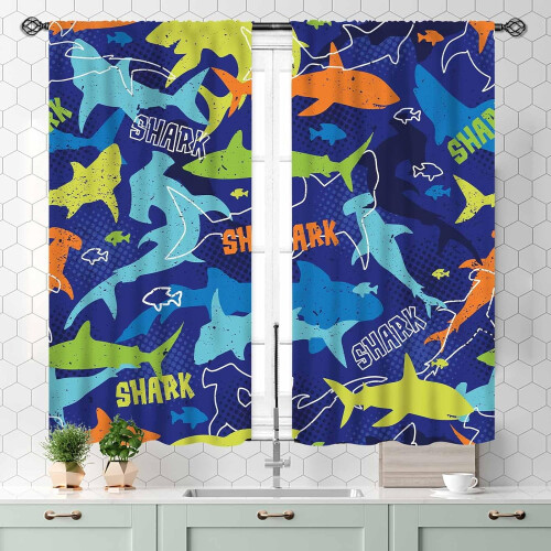 Κουρτίνες Shark σε μπλε χρώμα με σχέδιο ζώων Ocean Animal Design2Panels 2