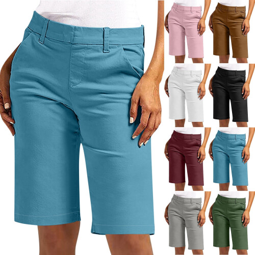 Women's Solid Elastic Twill Hiking Shorts with Pockets