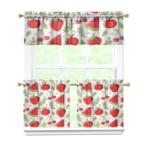 Cherry Kitchen Curtains and Valance Set 3-Piece Rod Pocket