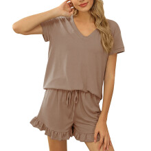 Women's Khaki Lounge Set Solid Short Sleeve Pajama Set