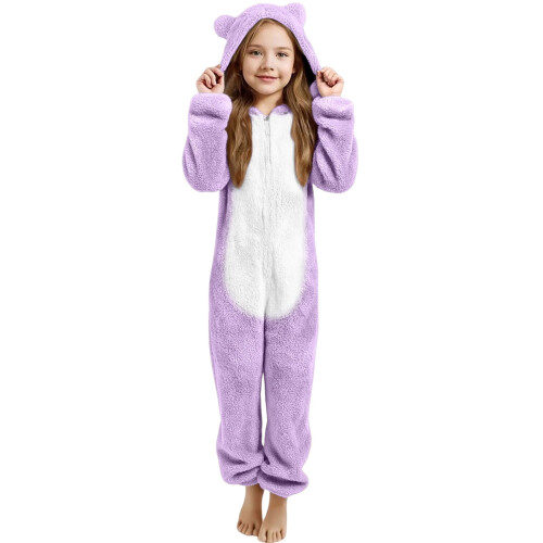 Bear Ear Plush-Lined Thickened One-Piece Pajama Set Hooded