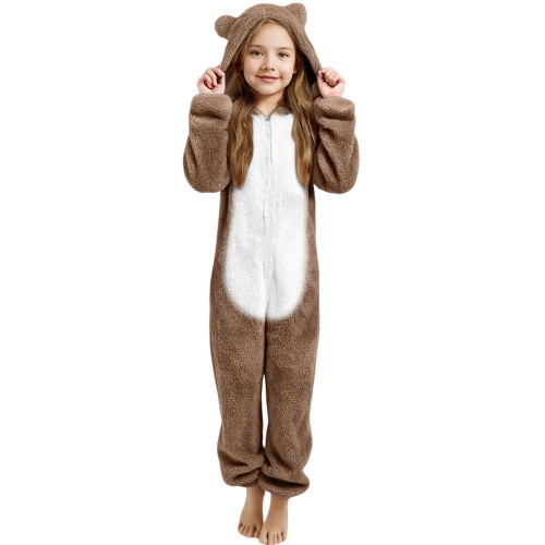 Bear Ear Plush-Lined One-Piece Pyjama Set Hooded Ages 3-12