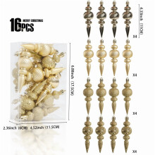 Green Finial Drop Christmas Ornaments Gold Plastic 16 pcs