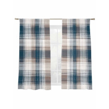 Vintage Plaid Sheer Curtains Brown Navy 52x63 Inch Voile