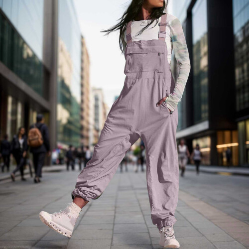 Women's Solid Work Overalls with Pockets, Casual Jumpsuit