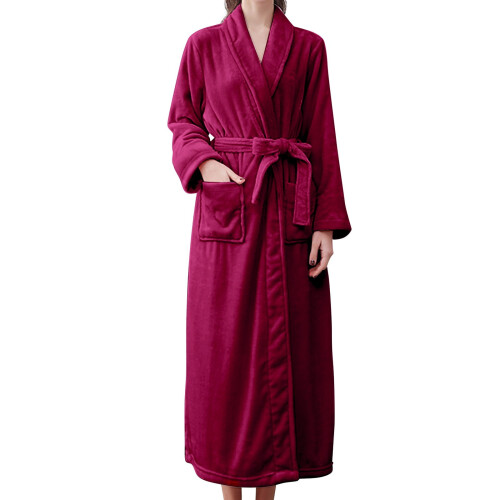 Women's Terry Cloth Bathrobe Soft Warm Double Pockets 1