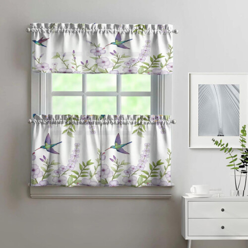 Purple Flower Bird Kitchen Curtains Set 3-Piece 1