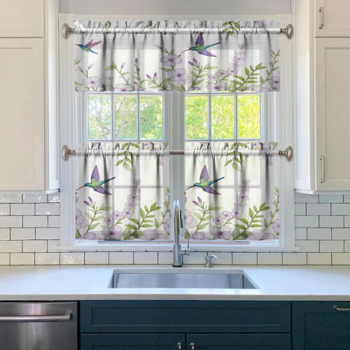 Purple Flower Bird Kitchen Curtains Set 3-Piece 2