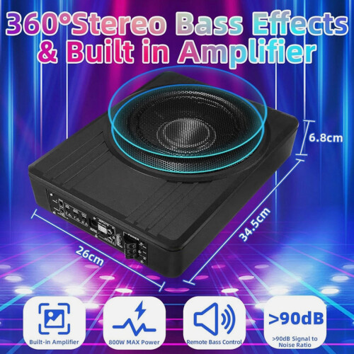10 inch 800W slim under-seat car subwoofer with built-in 1