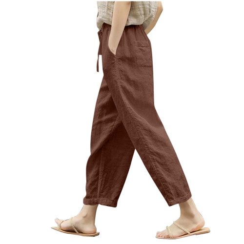 Women's Cotton Linen Pants Solid Color Lightweight Elastic 1