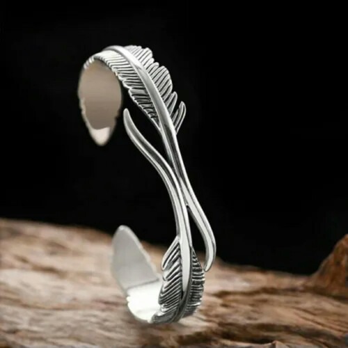925 Silver Retro Open Feather Bracelet Bangle
