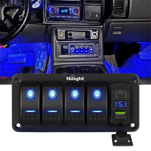 4-Gang Blue Backlit Rocker Switch Panel with PD USB Charger