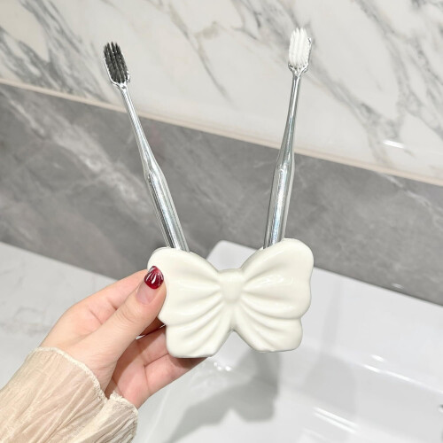 Ceramic Toothbrush Holder with Bow Design White