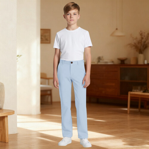 Boys' Chino Pants Blue Pull-On Straight Fit with Pockets 1