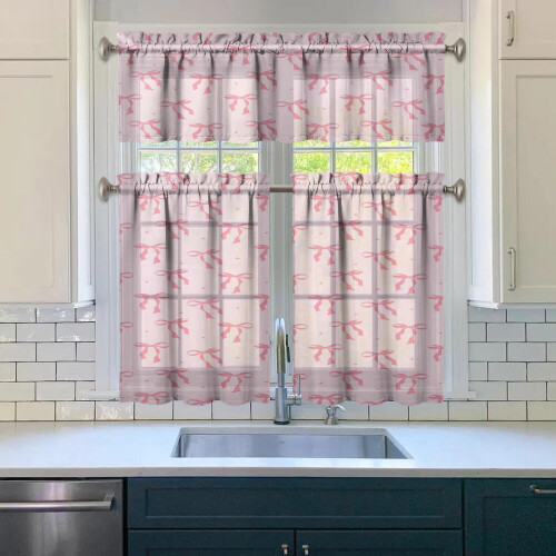 Pink Bow Kitchen Curtain Valance Set 36 inch 2