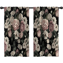 Black Floral Kitchen Curtains Rod Pocket 27.5x39 Inch