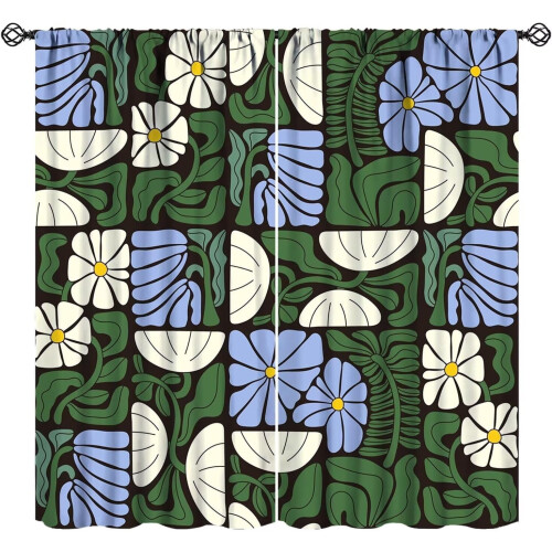 Geometric Floral Curtains Boho Botanical Green Blue White