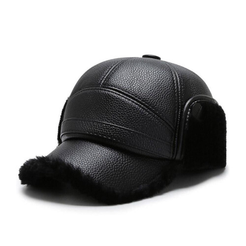 PU Leather Baseball Hat with Earflaps for Men Winter