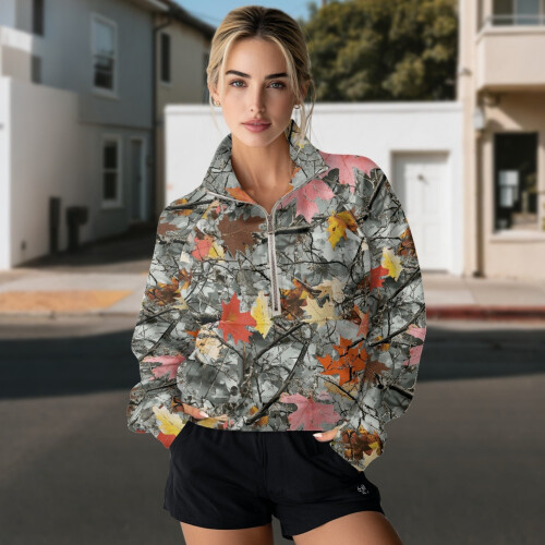 Cropped Hoodie Sweatshirt Camo Forest Gray Half Zip 2
