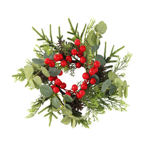 Christmas Candle Ring Flocked Pine with Red Berries and 1