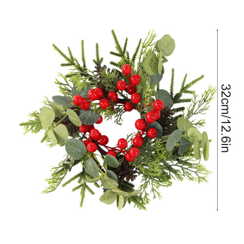 Christmas Candle Ring Flocked Pine with Red Berries and 2