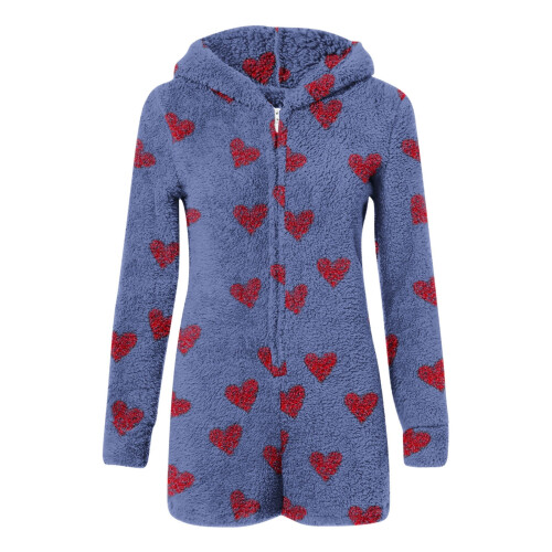 Women's Blue Hooded Loungewear Jumpsuit Polyester Zip Front 2