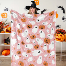 Halloween Fuzzy Flannel Blanket Ghost Pumpkin Pink 1 Pc