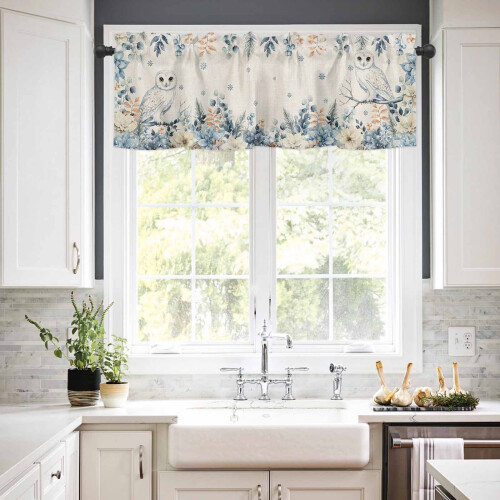Owl Christmas Kitchen Curtains Set Blue Eucalyptus Floral 2