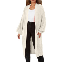 Women's Light Beige Knit Cardigan Sweater Long Casual Top