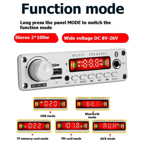 2x100W 12V Amplifier Audio Player  5.0 MP3 Decoder Board MP3 Player Car FM Radio Module USB Mic Record Call 2