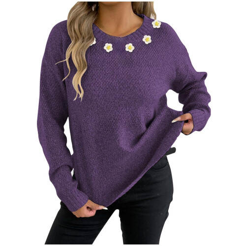 Women's Solid Floral Sweater Round Neck Long Sleeve Knit Top 1