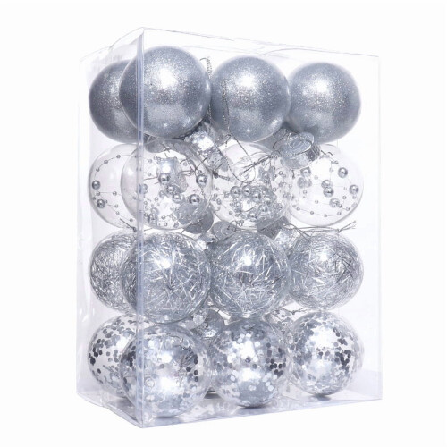 Christmas Ball Ornaments Silver Shatterproof Plastic 24 Pack