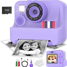 Kids Instant Print Camera Purple 2.4" HD Dual Camera 32GB