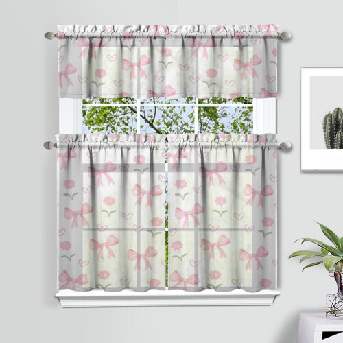Pink Bow Kitchen Curtain Valance Set 36 inch 1