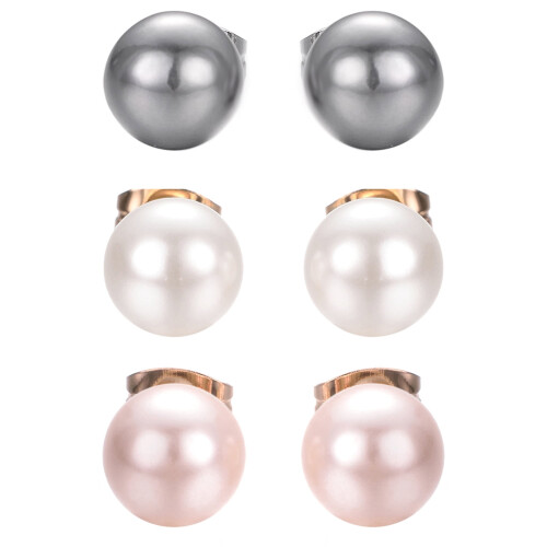 Pearl Stud Earrings Gold Plated 3 Pairs 8mm 2