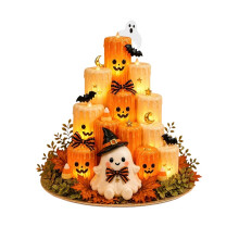 Stacked Halloween Pumpkin Flameless LED Candle Bat Ghost Corn Design Indoor Decoration Amber Light