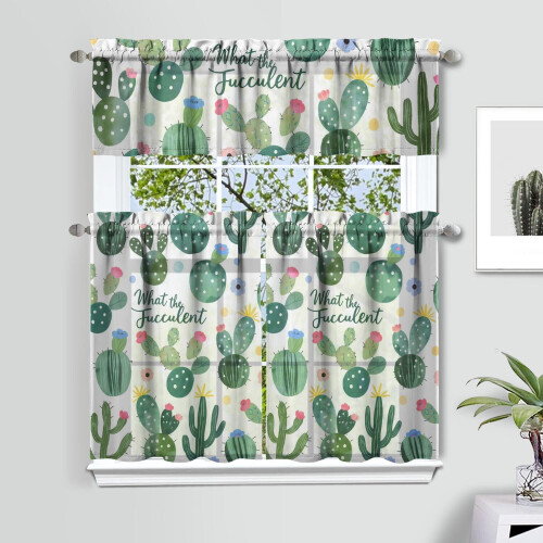 Green Cactus Kitchen Curtain Valance Set 36 inch 1