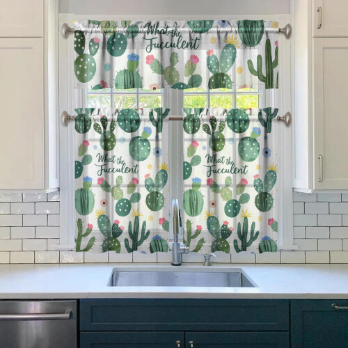 Green Cactus Kitchen Curtain Valance Set 36 inch 2