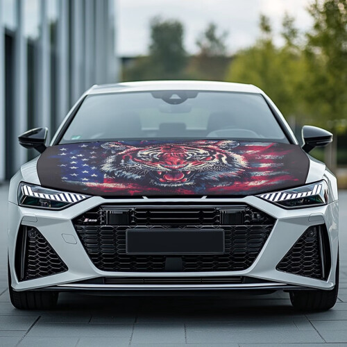 Stretch Polyester Hood Cover Tiger American Flag Design 1 1