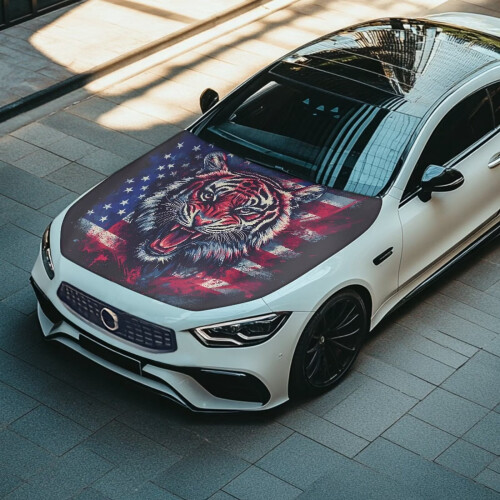 Stretch Polyester Hood Cover Tiger American Flag Design 1 2