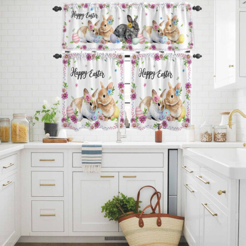 Easter Kitchen Curtains Set Pink Daisy Blue Flower Yellow 2