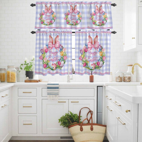 Easter Kitchen Curtains and Valances Set Pink Purple Plaid 2