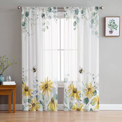 Sheer Curtains Yellow Cosmos Bee Design 52x63 Inch Light 2